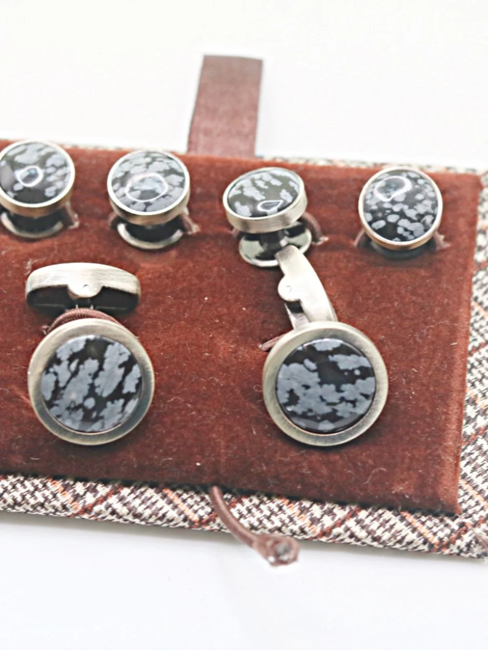 Men’s Cufflinks Tux Studs Set Black and Gray Stones  NEW